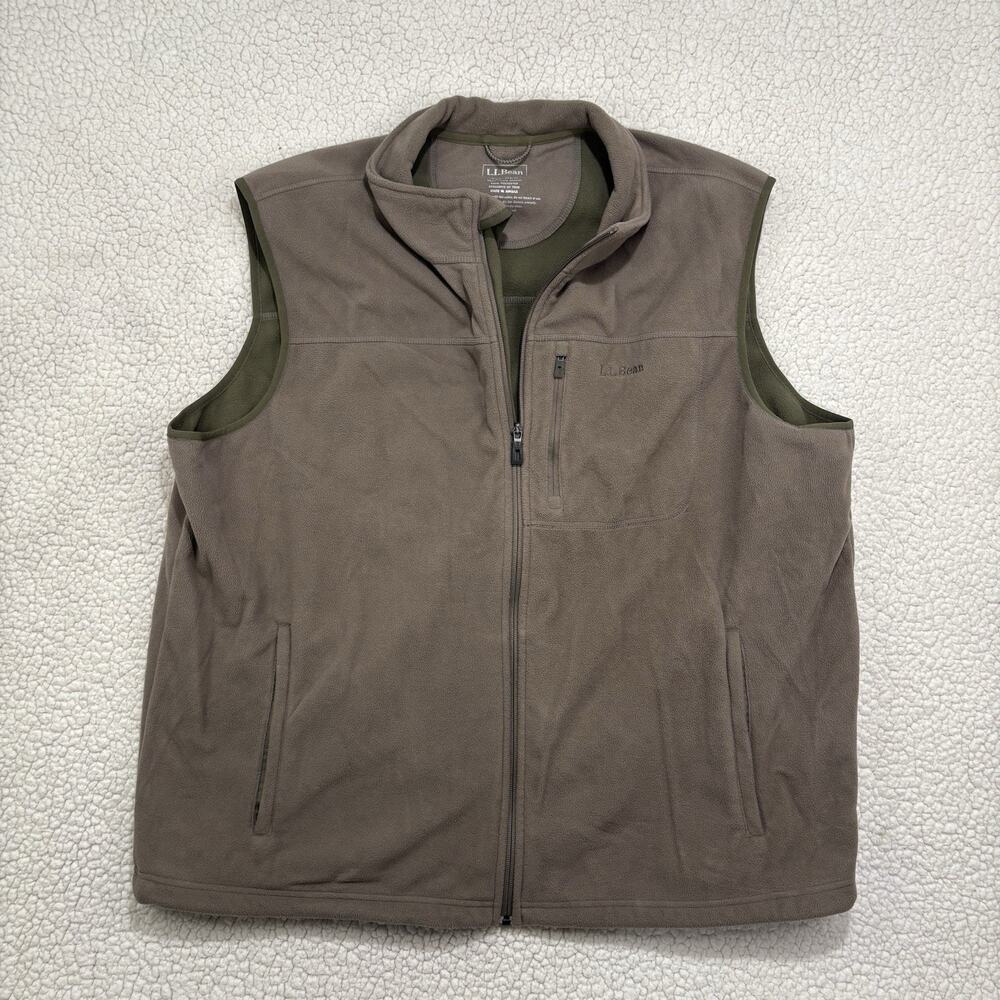 LL Bean Fleece Vest Mens XXL Full Zip Mock Neck Brown Tan Zip Pockets Hiking